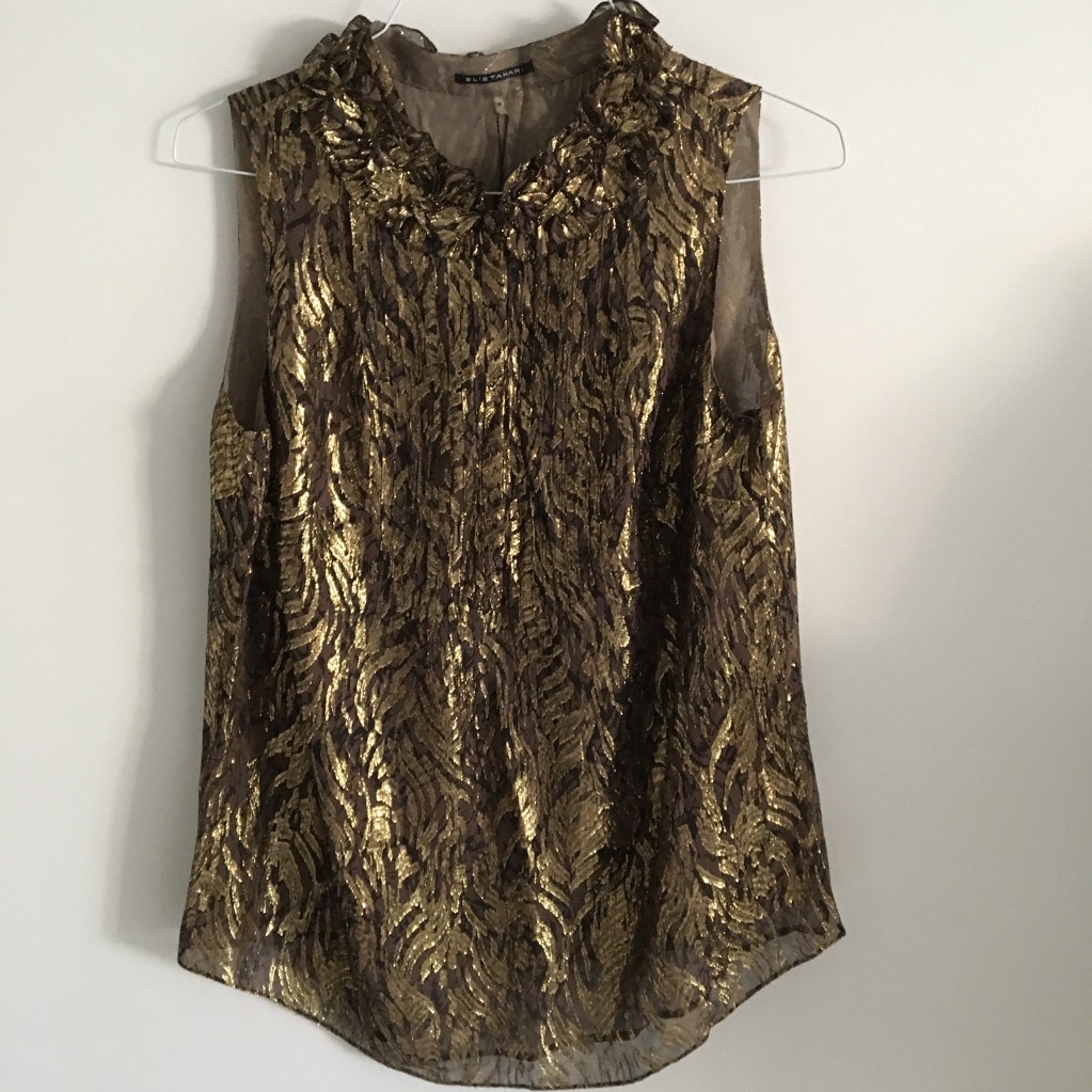 Elie Tahari Sleeveless Gold Blouse With Ruffle Collar. Plus Size